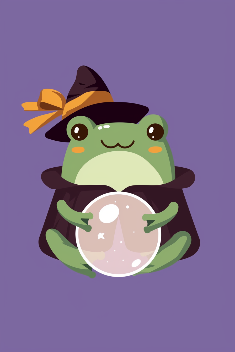 Halloween frog drawing ideas 2 featuring a cute green frog wearing a witch hat and holding a crystal ball, set against a purple background.